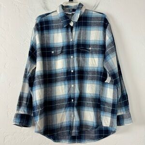 Old Navy The Boyfriend Shirt Button Down Top Flannel Plaid Print Blue White Knit
